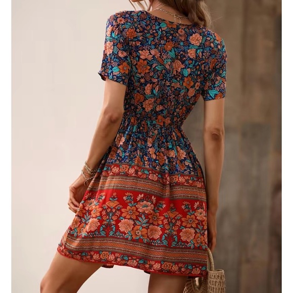 Floral Print Surplice V Neck Boho Casual Mini Dress Red Orange Blue Nwt - Picture 2 of 6